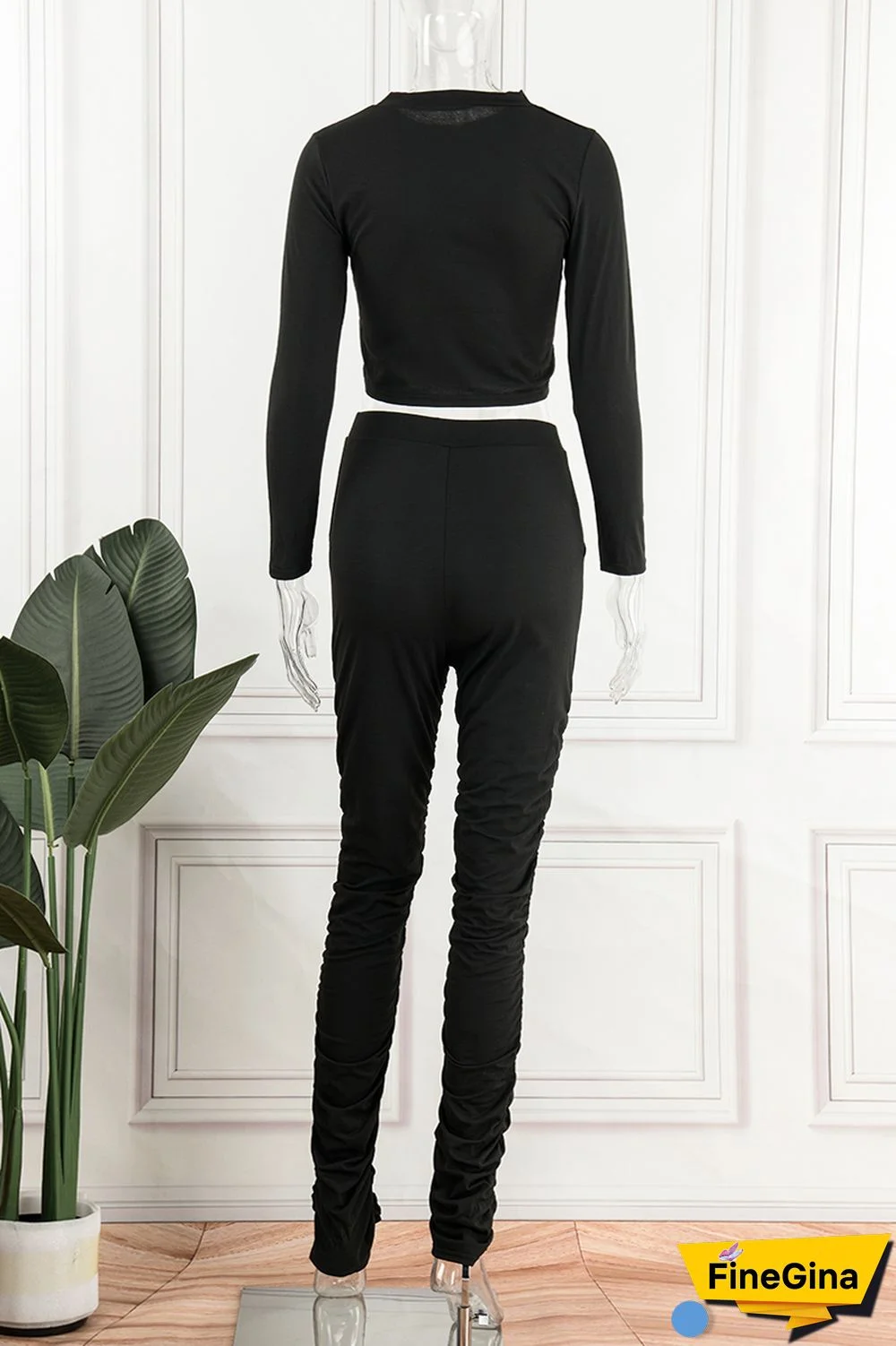 Yellow Casual Solid Basic O Neck Long Sleeve Two Pieces