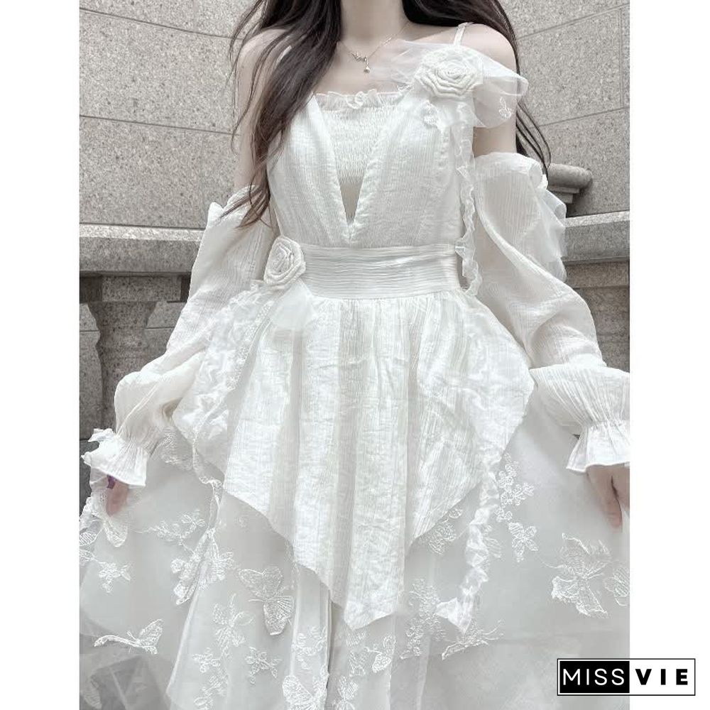 Irregular Embroidery Flower Decor Tulle Slip Dress