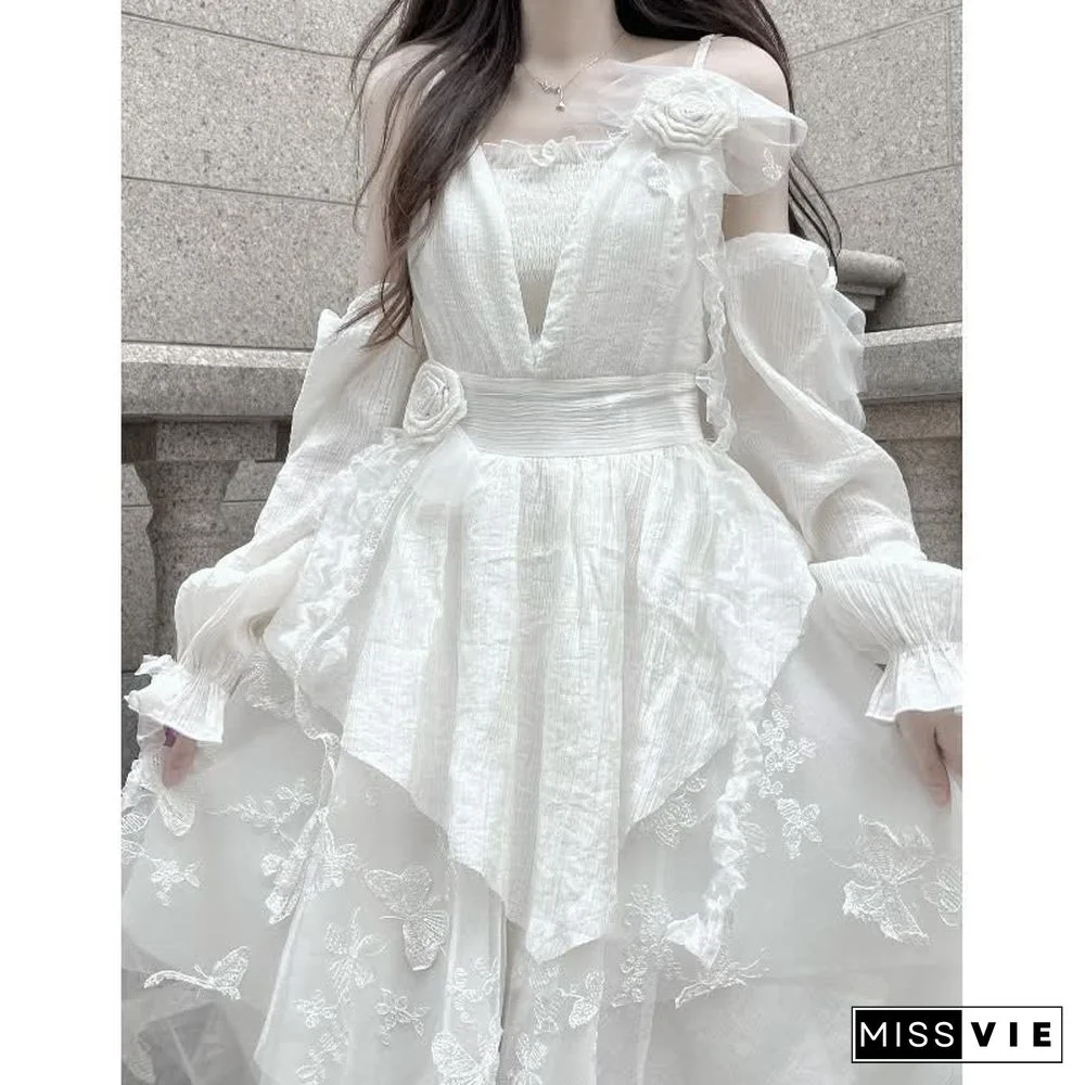 Irregular Embroidery Flower Decor Tulle Slip Dress