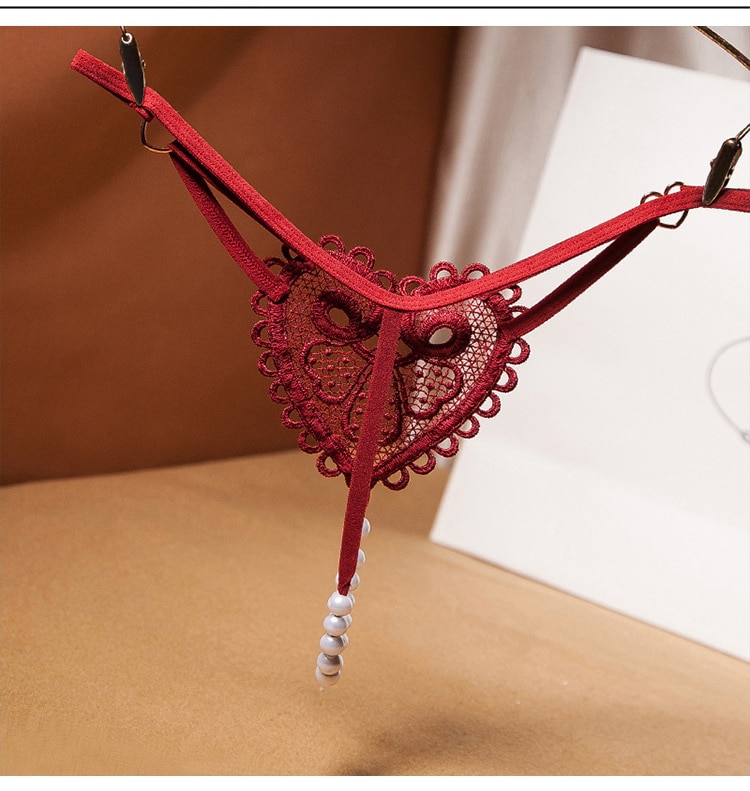 Vintage Love Heart Pearl Massuge Lace Thong Low Waist Transparent Sexy Underwear G-String Fashion Women Lingerie Panties Briefs - view