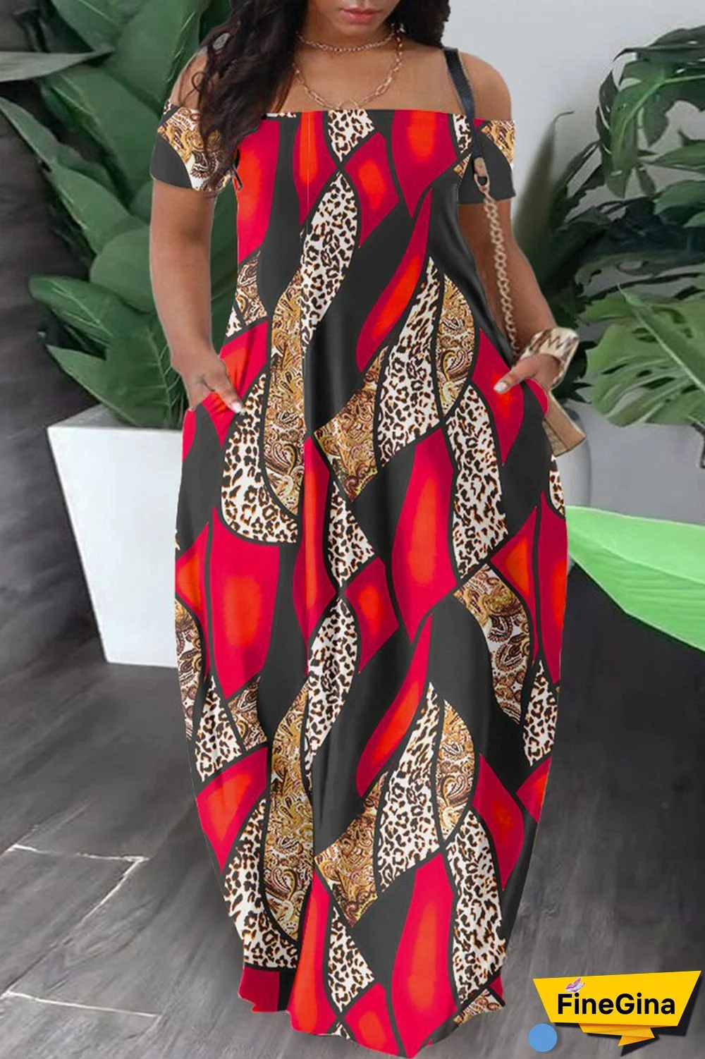 Army Green Casual Print Patchwork Pocket Off the Shoulder Lantern Dress Dresses