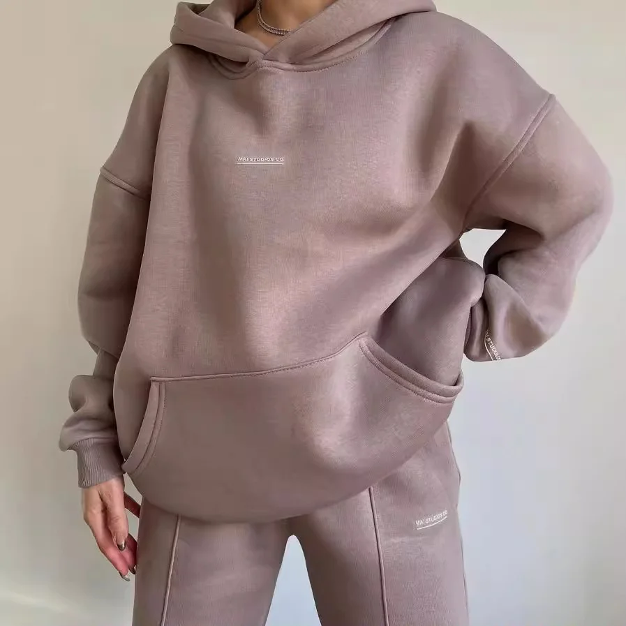 Nigikala Nigikala 2025 New Casual Plus Velvet Long-Sleeved Hooded Hooded Trousers Set For Women