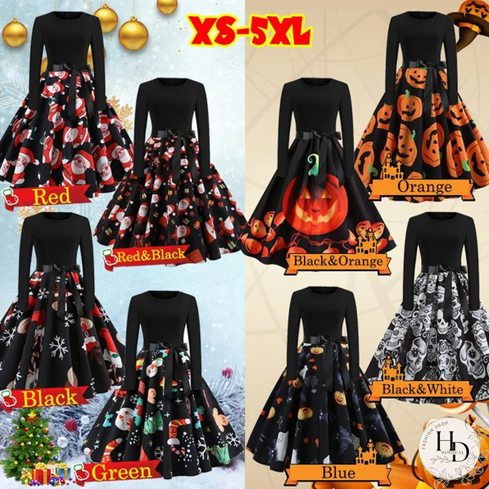 8 Colors Halloween Pumpkin Ghost Skull 3d Print Dresses Santa Claus Christmas Tree Printed Flared Swing Dresses Long Sleeve Ruched Gown Dress Xmas Festival Vestido de Mujer