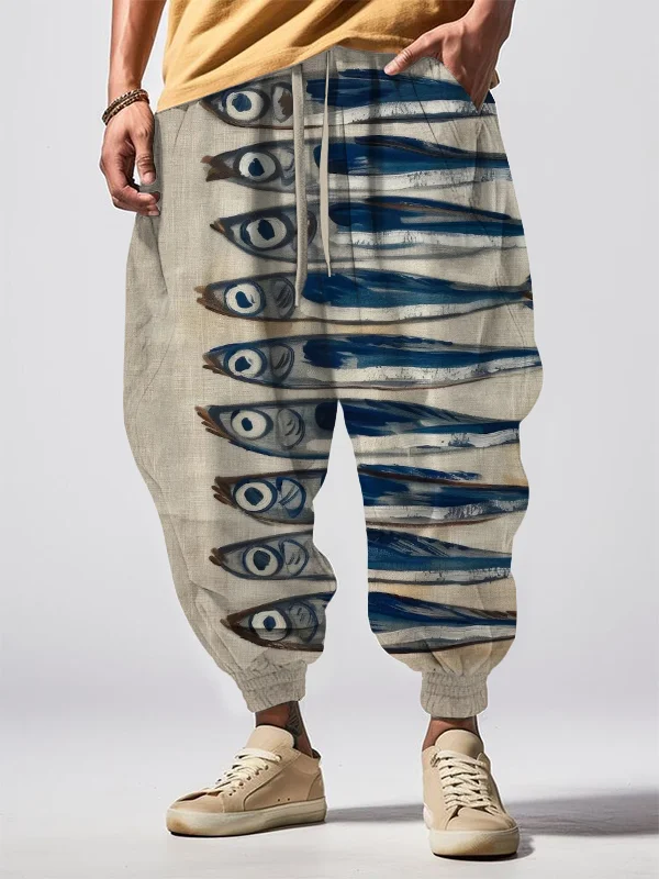 Men's Retro Sardines Art Print Loose Drawstring Waist Sweatpants
