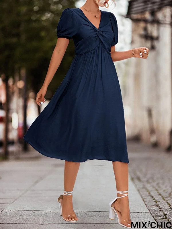 A-Line High Waisted Elasticity Knot Pleated Solid Color Split-Joint V-Neck Midi Dresses