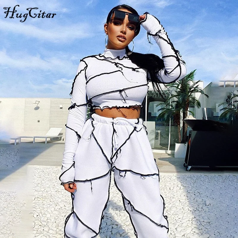 Hugcitar 2021 Long Sleeve Patchwork Turtleneck Tashirt Top Pants 2 Pieces Set Autumn Winter Women Casual Tracksuit