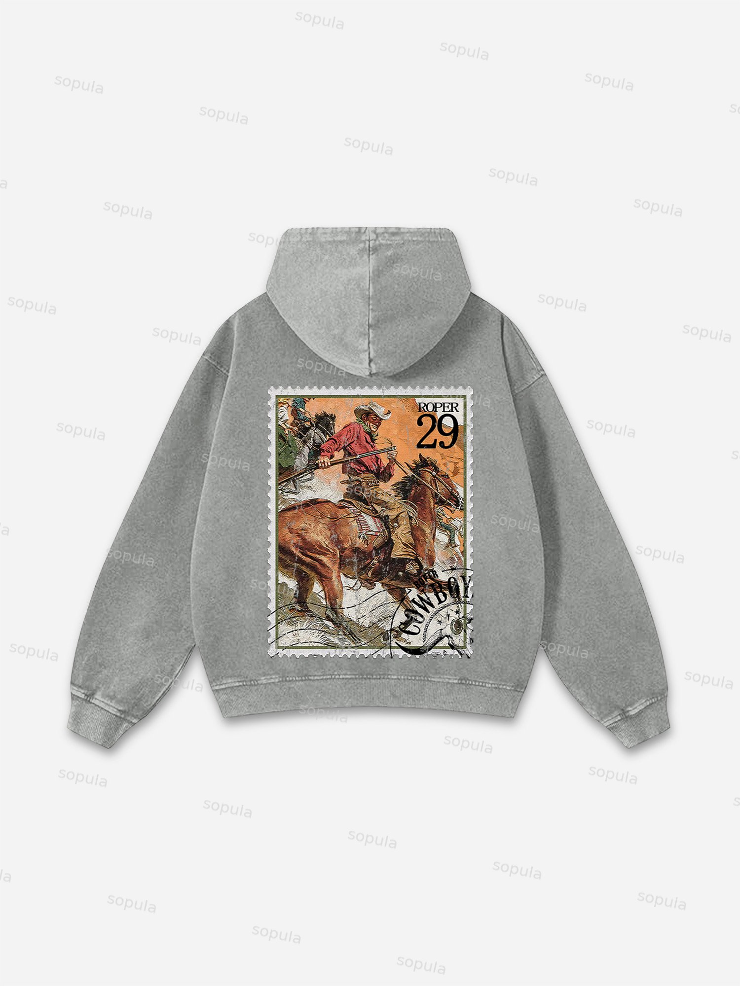 Rodeo Cowboy Stamp Print Washed Hoodie - SOPULA