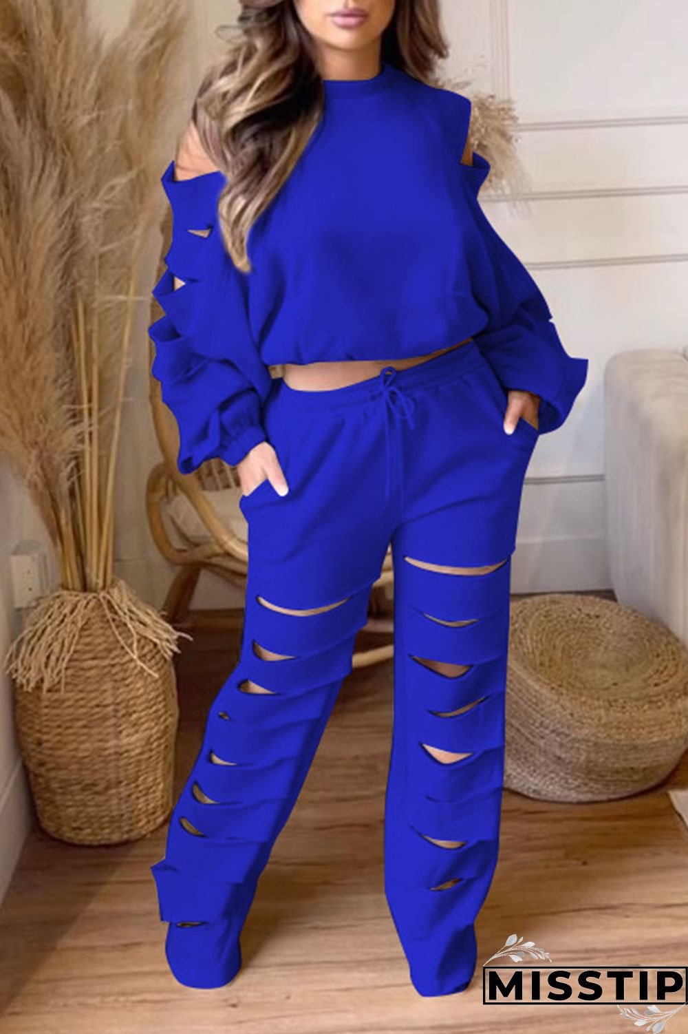 Black Casual Street Solid Hollowed Out Patchwork O Neck Long Sleeve Two Pieces