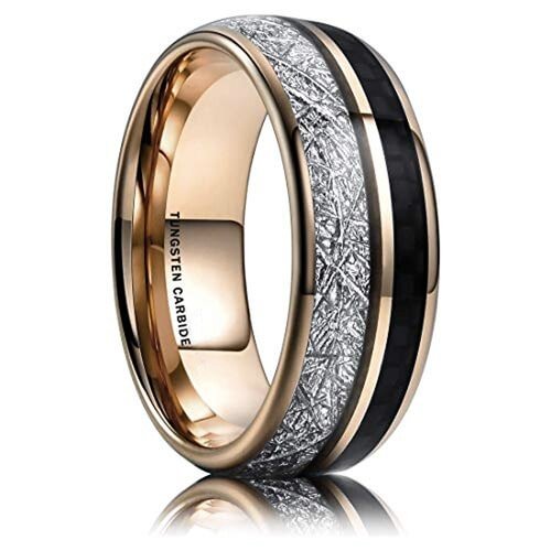 Women's or Men's Tungsten Carbide Wedding Band Matching Rings,Rose Gold Tungsten Carbide Bands with Black Carbon Fiber Inlay and Inspired Meteorite,Domed Tungsten Carbide Ring,Comfort Fit With Mens And Womens For Width 4MM 6MM 8MM 10MM