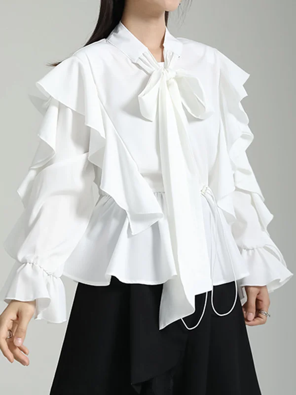 Roomy Puff Sleeves Falbala Lace-Up Pure Color Split-Joint Stand Collar Blouses&Shirts Tops