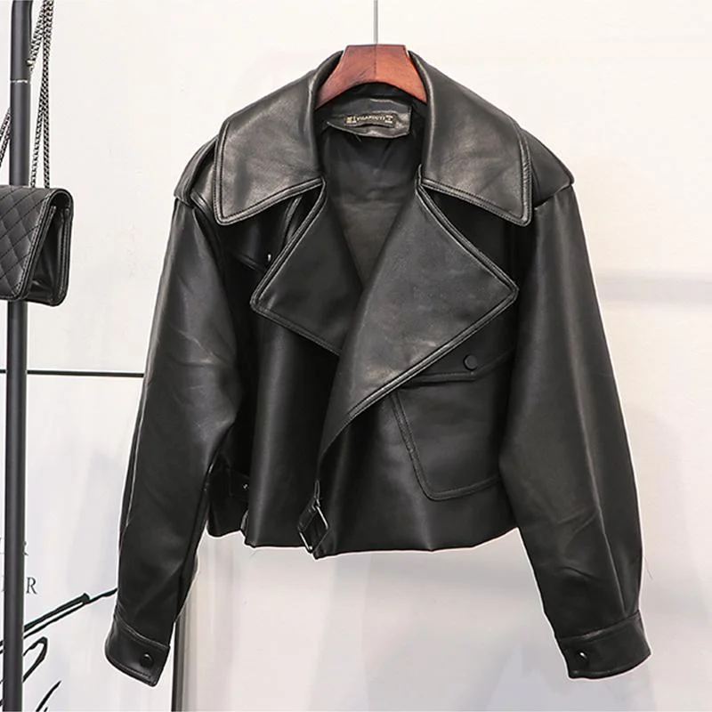 Fitaylor Women Black Short Loose Pu Leather Jacket Motorcycle Soft Faux Leather Jacket Street Outwear Autumn Ladies Biker Jacket