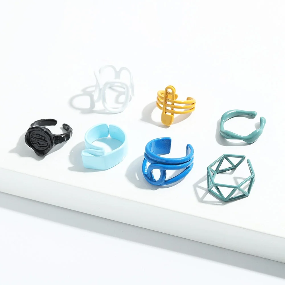 Dvacaman 2021 New Trendy Colorful Dripping Oil Resin Rhinestone Geometric Rings Hand-Painted Open Rings for Women Party Jewelry