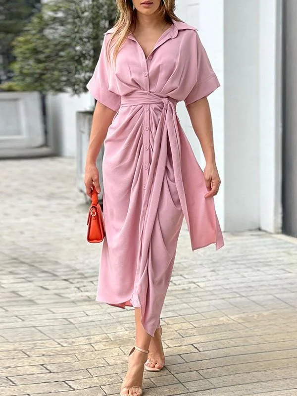 Women's Lapel Short Sleeve High Waist Shirt Dress