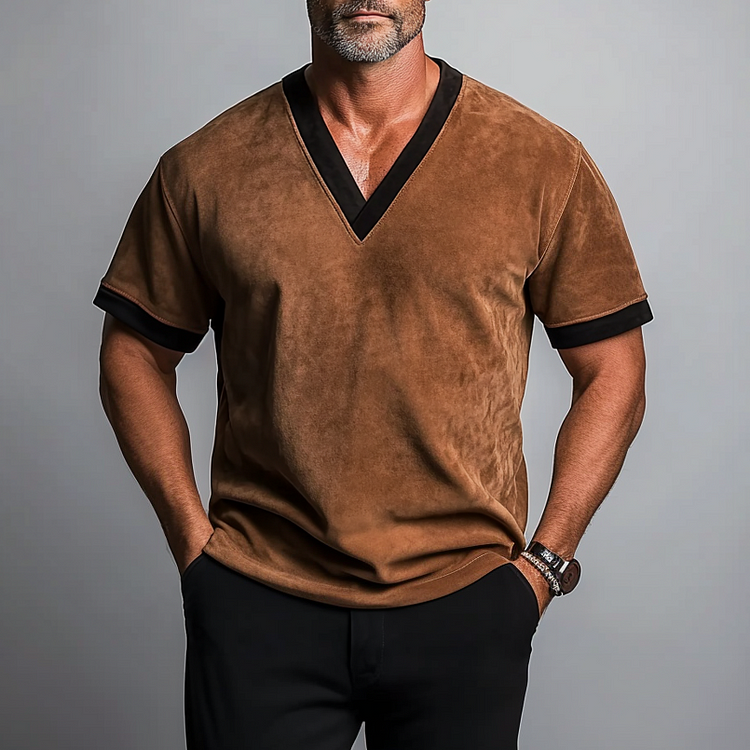 Men's V Neck Short Sleeve Suede Contrast Binding T-Shirt