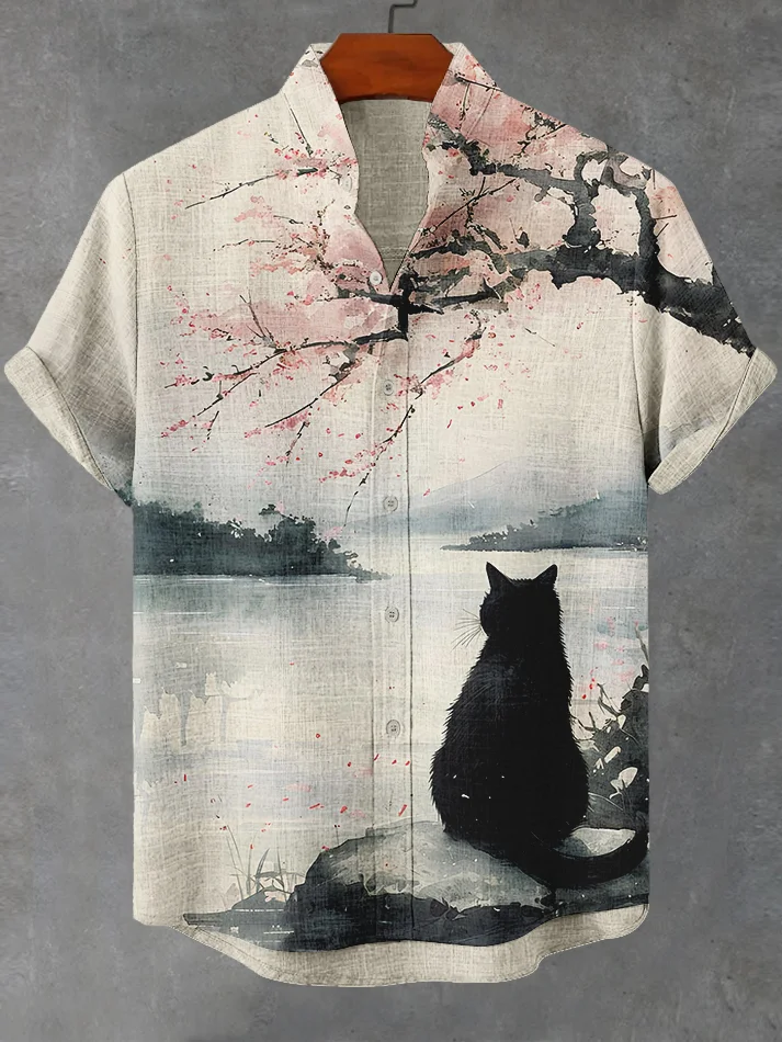 Men's Cherry Blossom Black Cat Japanese Style Print Short Sleeve Shirt