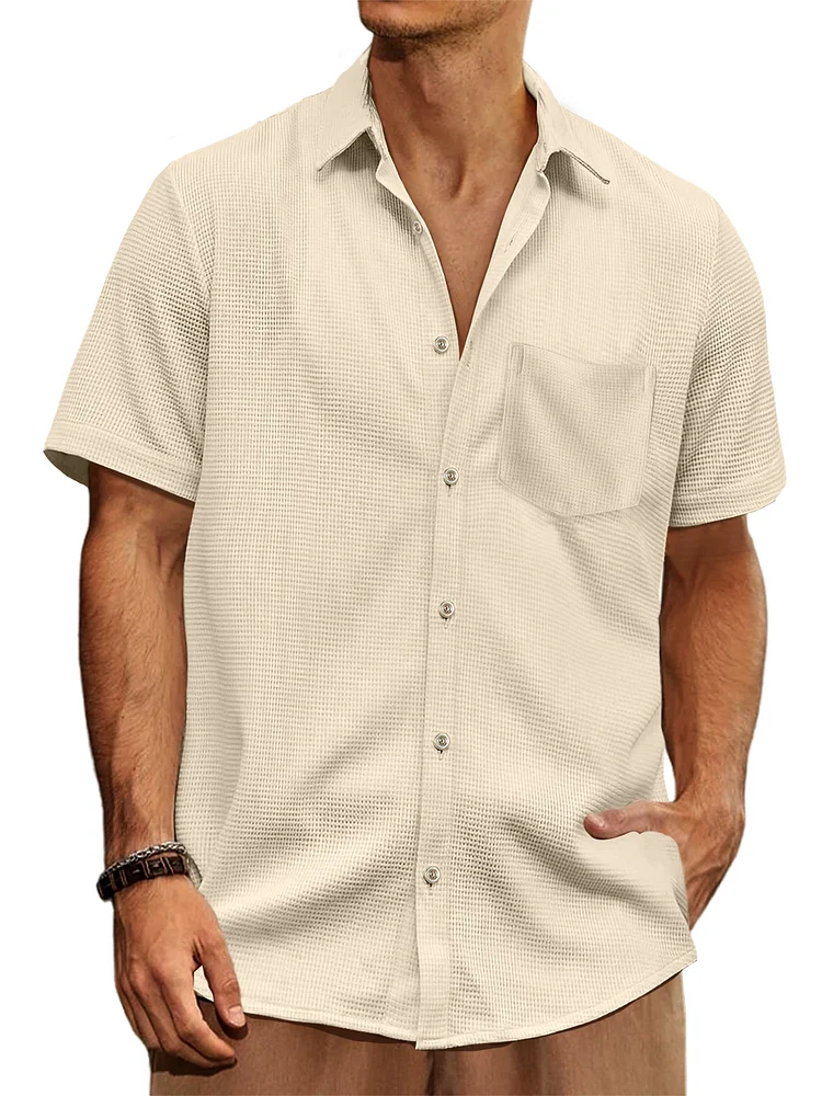 Men's Summer Casual Waffle Solid Color Lapel Short Sleeve Shirt