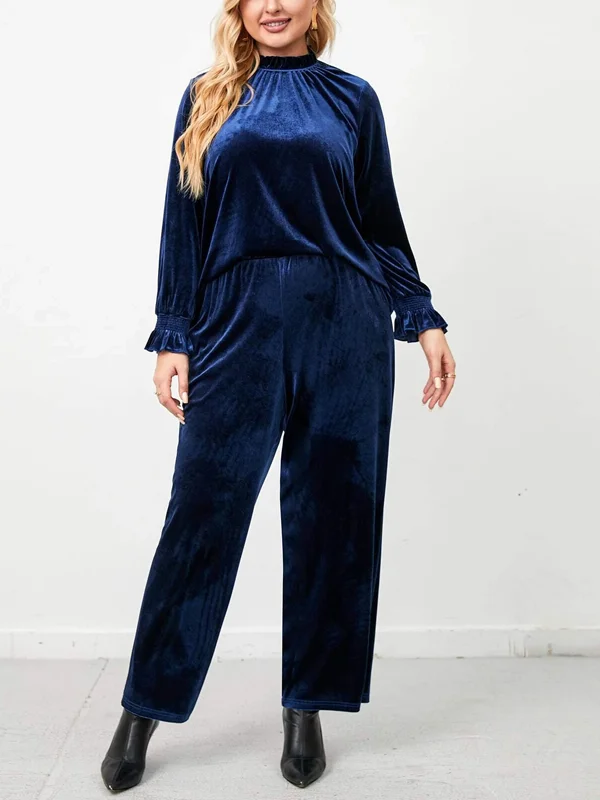 Ruched ruffled-sleeve velvet top and pants set