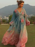 Women's Retro Bohemian Style Artistic Floral V-neck Long Dress.