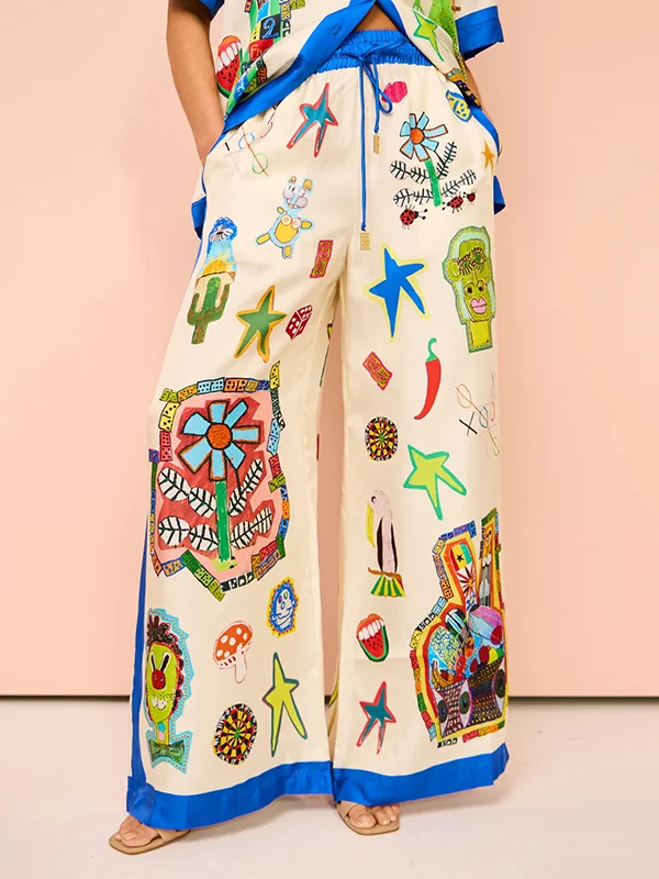 Asymmetric Printed Split-Joint High Waisted Loose Trousers Pants