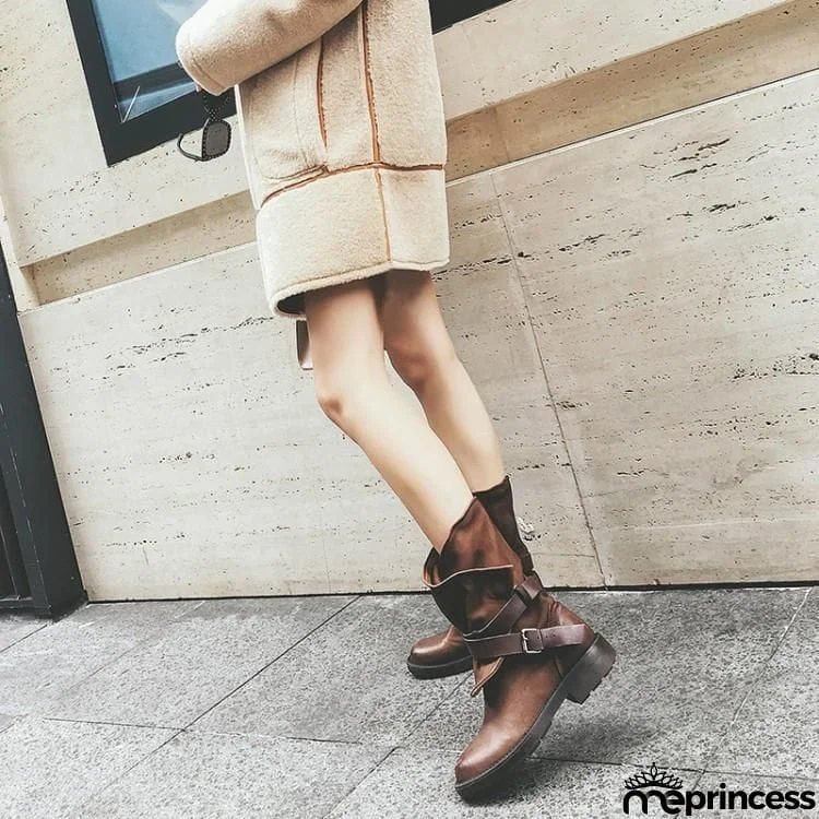 Women's Plus Size Adjustable Buckle Mid-Calf Motorcycle Boots