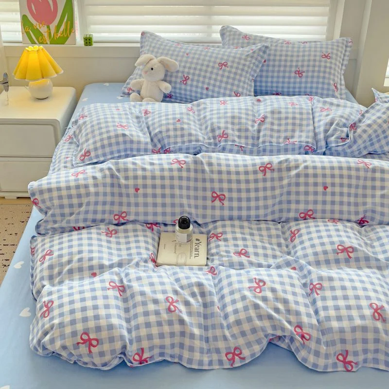 Aonga Classic Plaid Bedding Set 2024 Blue Pink Twin Queen Duvet Cover Flat Sheet Pillowcase No Filler Girl Boys Hotel Home Bed Linens aonga