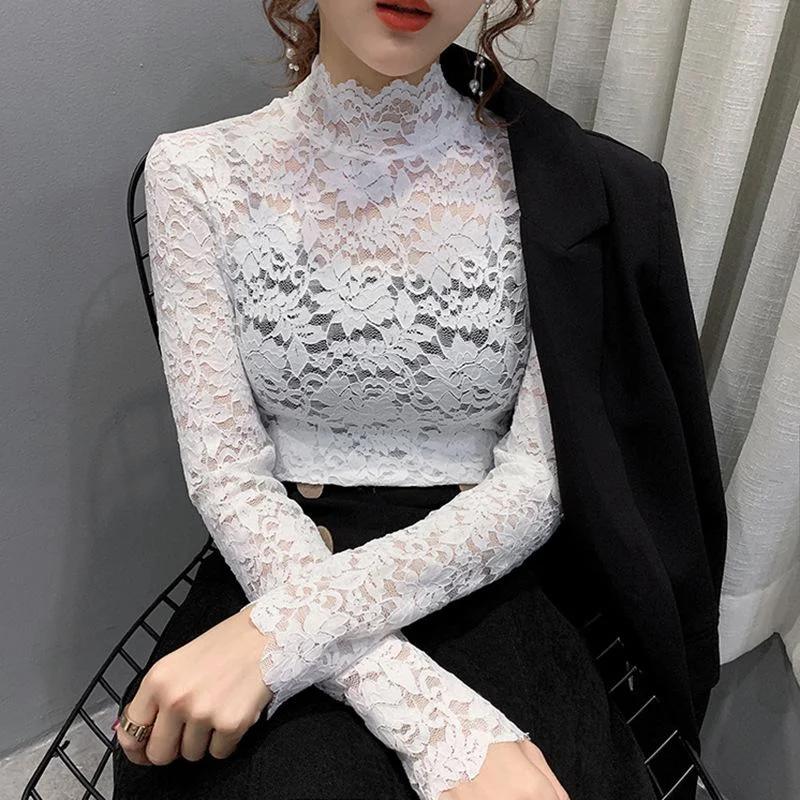 Autumn Women Thin Black Lace T shirt Sexy Turtleneck Long Sleeve Slim Lace Crochet Patchwork Tee Tops