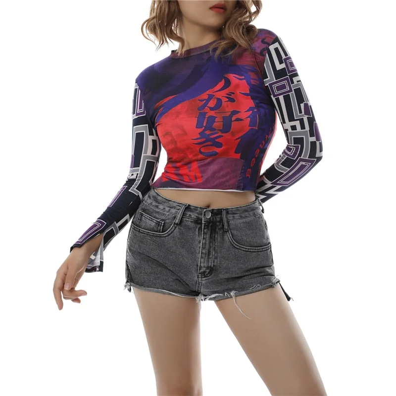 2021 Fairy Grunge Shirt Basic Mesh Print Top Women E Girl Gothic Punk Style T-shirts Tees Clothes Street Tops Womens Clothing