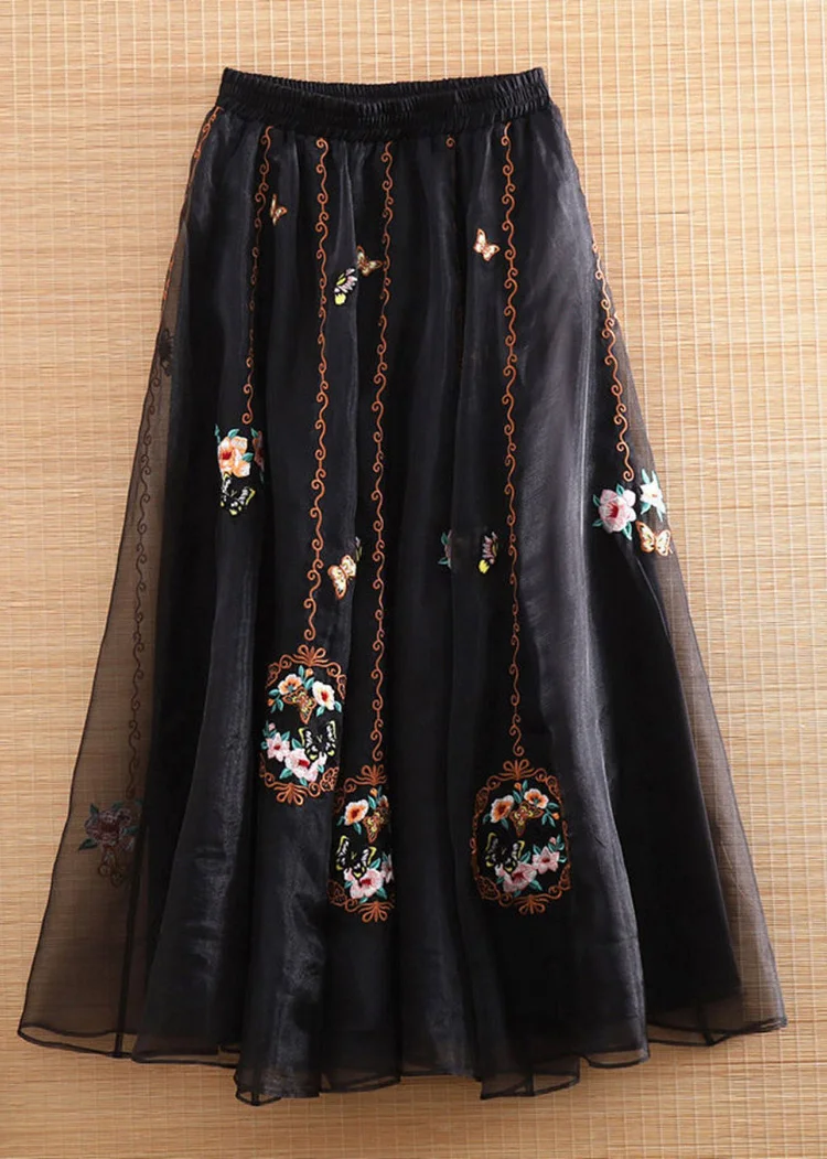 Boho Black Elastic Waist Embroideried Tulle Maxi Skirts Summer