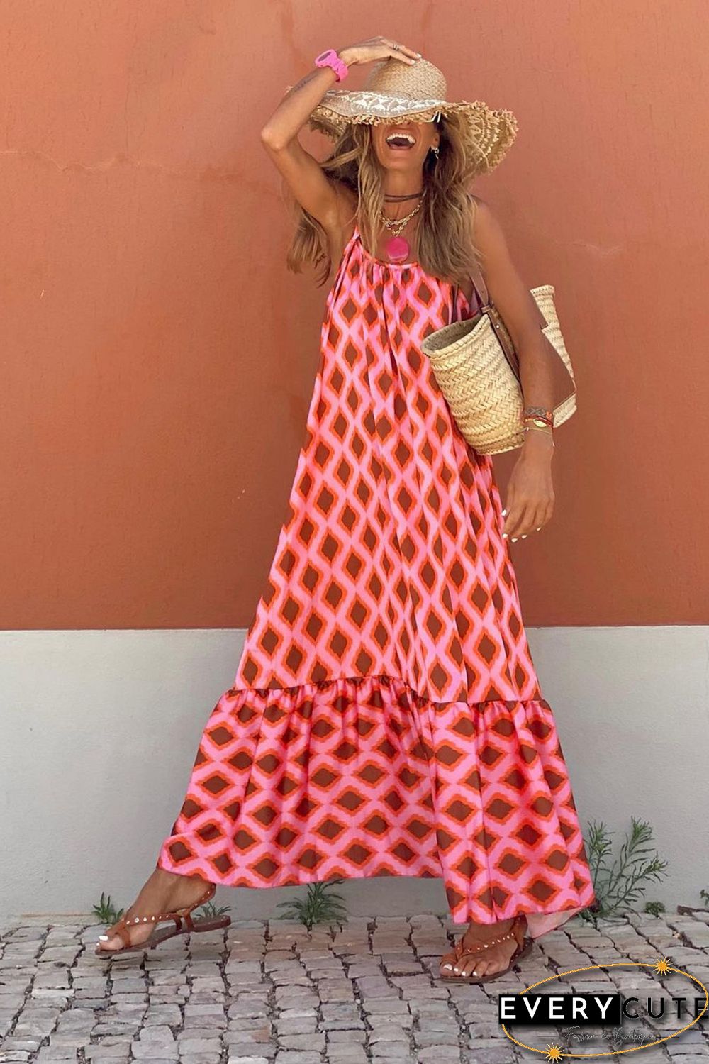 Red Geometric Print Loose Fit Sleeveless Maxi Dress