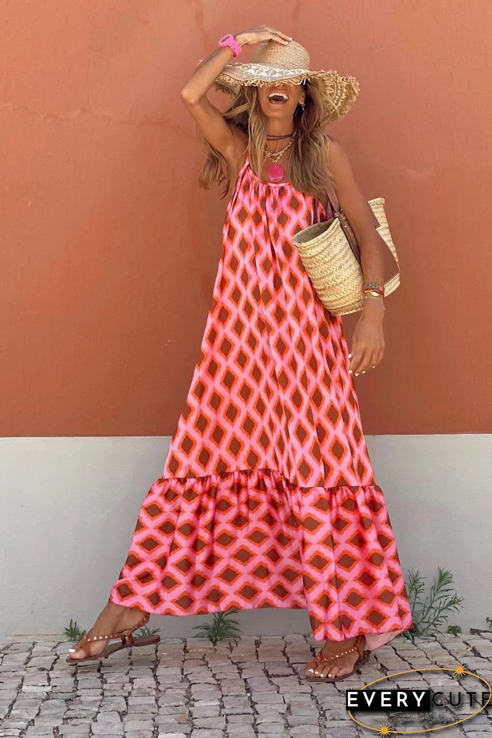 Red Geometric Print Loose Fit Sleeveless Maxi Dress