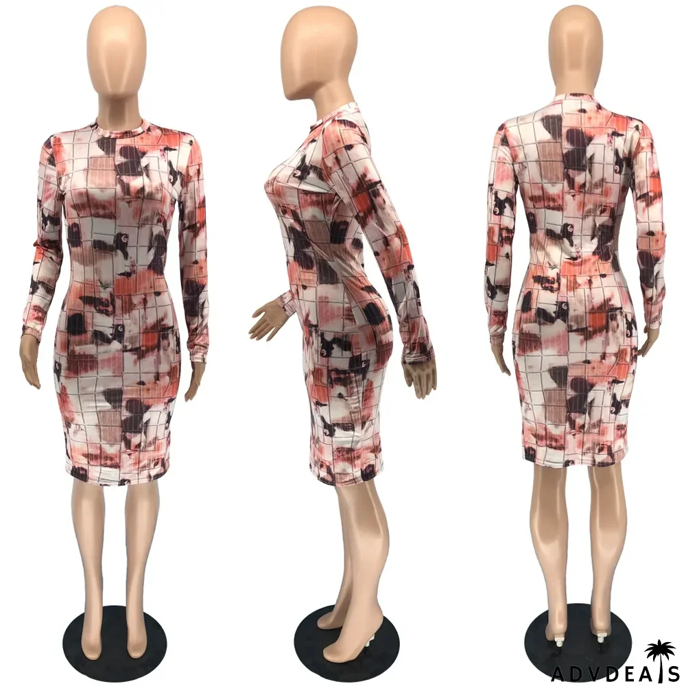 Printed Half High Neck Long Sleeve Midi Dress