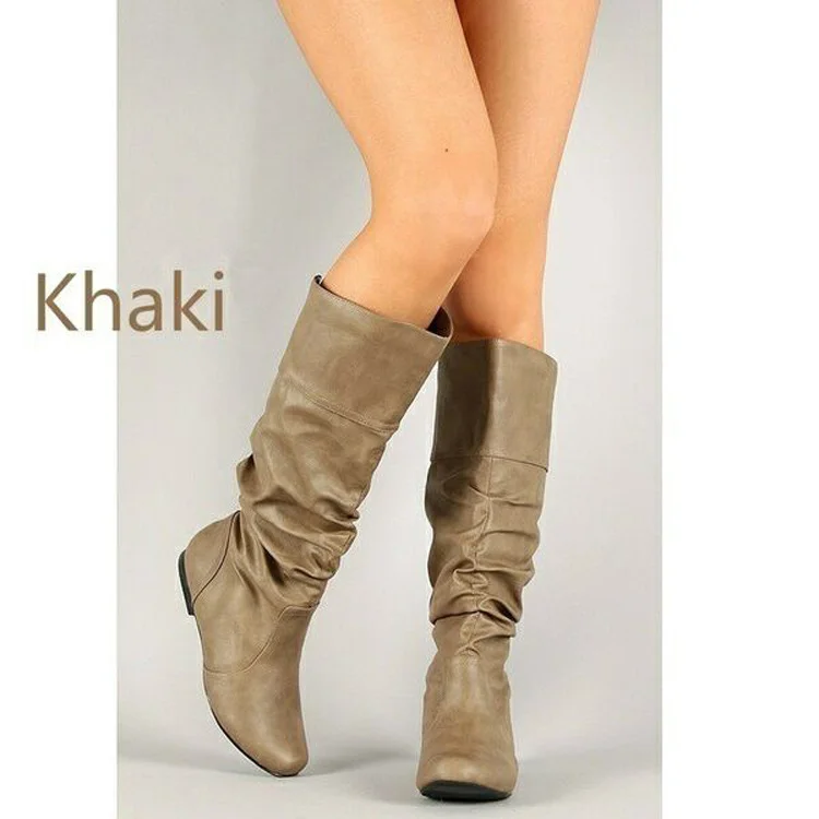 Yyvonne Flat-Bottomed Long Boots Women Autumn And Winter New In The New Increase In The Pu Leather Face Round Head Cover Thin Women Boots