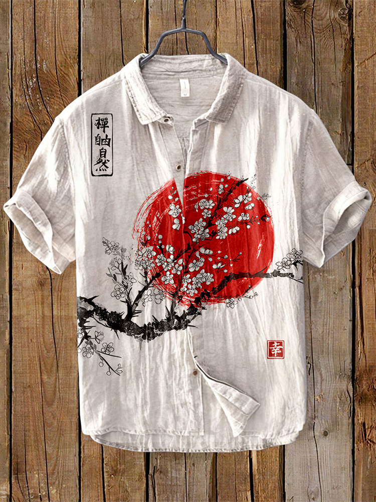Comstylish Japanese Ink Painting Of Sunrise Art Linen Blend Comfy Shirt