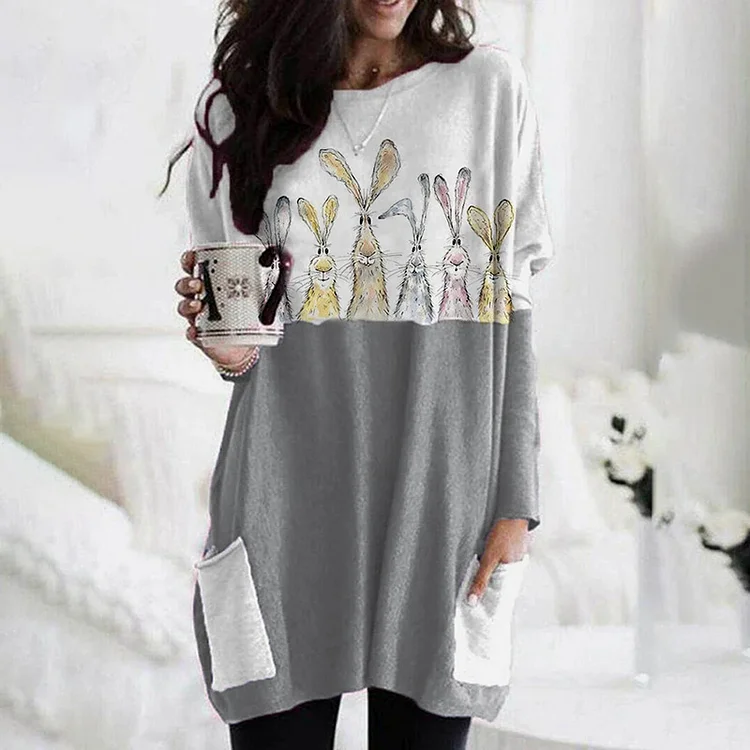 Wearshes Women's Cute Watercolor Bunny Print Casual Long Sleeve T-Shirt