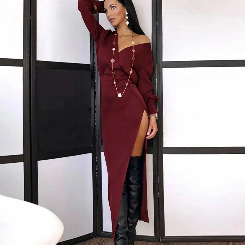 WannaThis V Neck Long Sleeve Midi Dresses High Split  Autumn 2021 Vintage Chic Party Wear Elegant Female White Aesthetic Dresses
