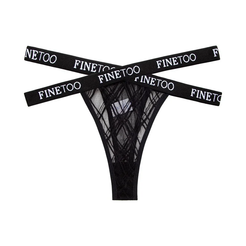 FINETOO Women's Letter Lace Mesh G-string Sexy Cross Strap Panties Midi Waist Underwear Thongs Femme Hollow Out Fashion Panties