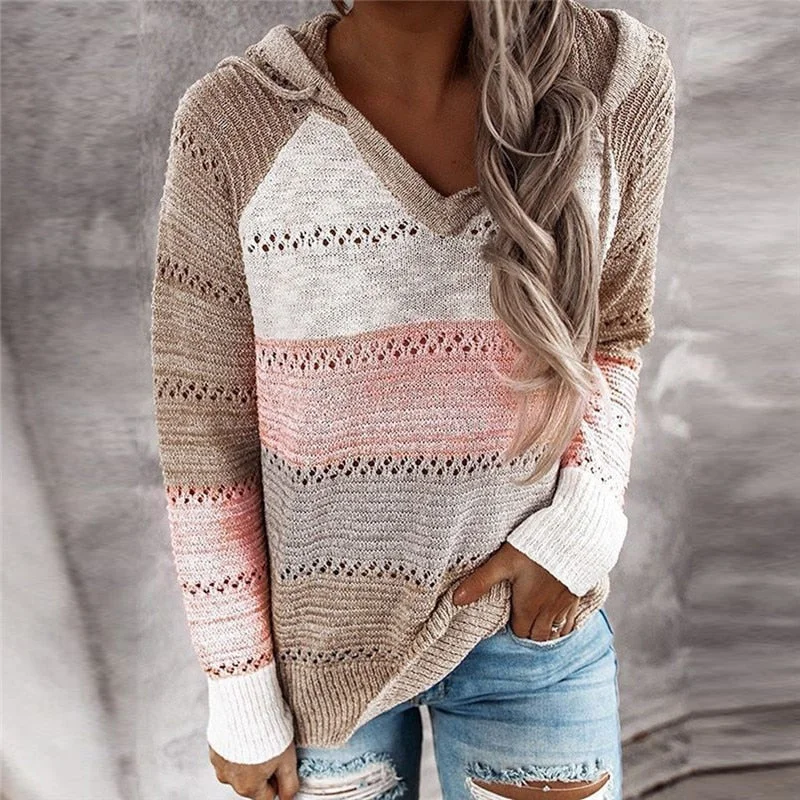 2020 Autumn Patchwork Sweater Women Casual Striped Hooded Knitted Sweater Tops Fashion Long Sleeve V-Neck Female Pullover Jumper