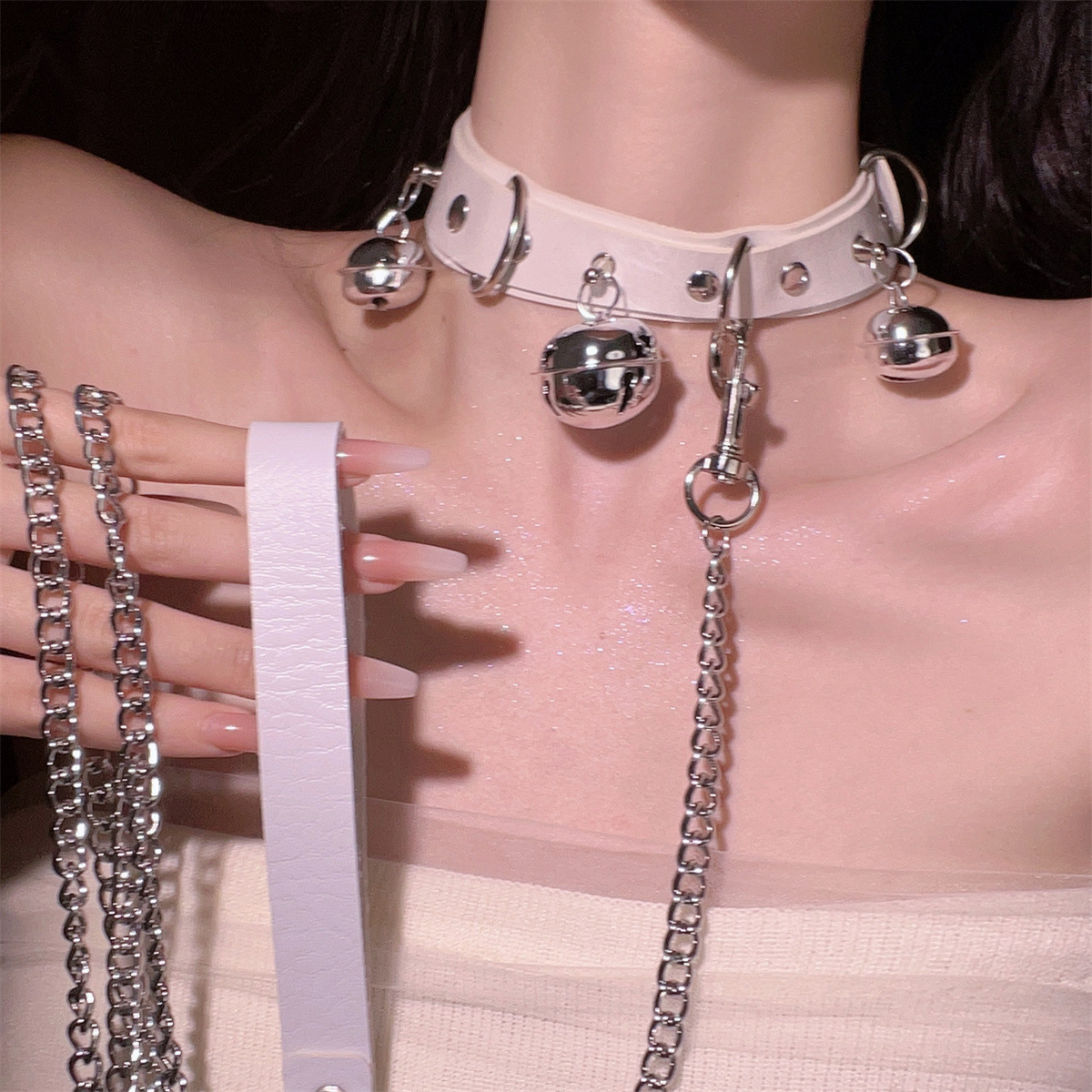 Lovingerie - Three Bell Choker Leather Collar with Chain