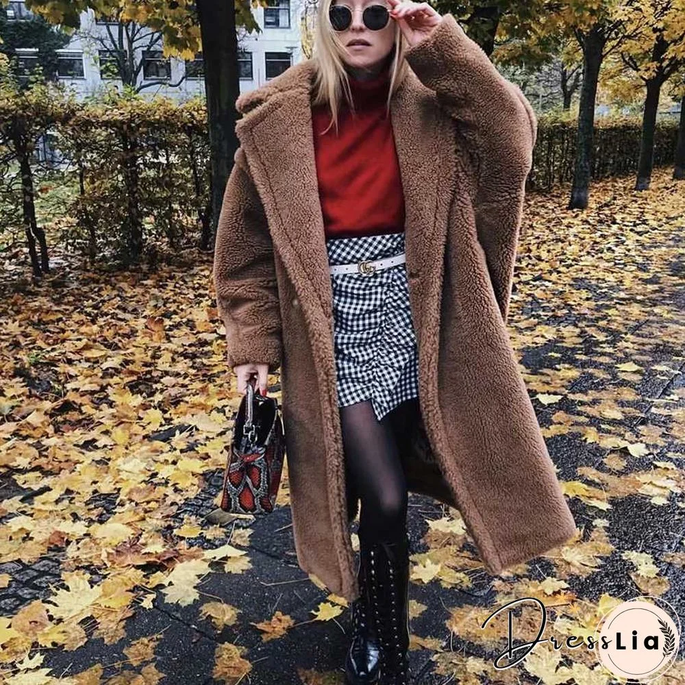 Long Faux Fur Camel Teddy Coat Maxi Jackets
