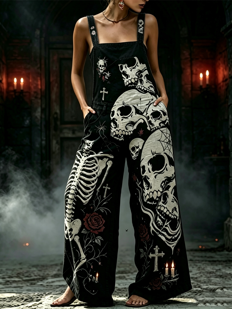 Women's Gothic Style Halloween Skull Skeleton Rose Strap Overalls Jumpsuit artswardrobe