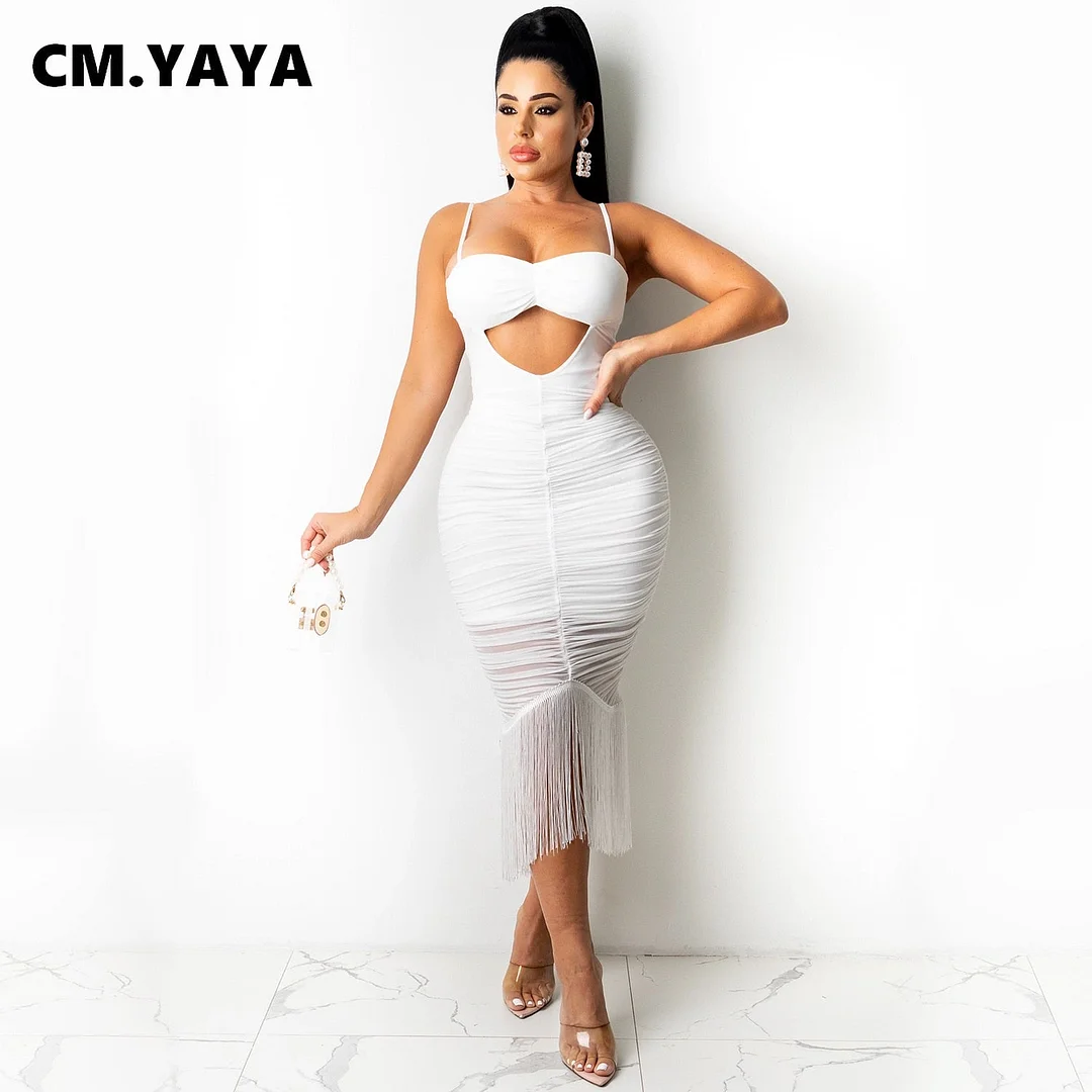 CM.YAYA Women Midi Dress Solid Sleeveless Strap Slash Neck Cut Out Tassel Stretchy Dresses Sexy Fashion Outfits Summer 2021