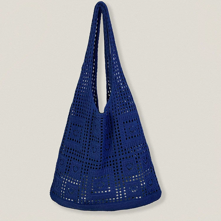 Lulusnow Handmade Navy Blue Beach Summer Bag Vintage Foldable Handbag for Travel Crochet Shoulder Bag  Minimalist Lifestyle