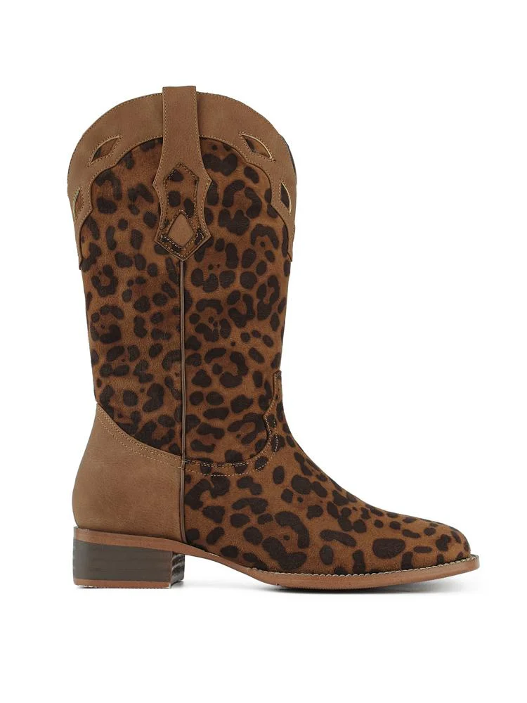 Leopard Faux Suede Wide Mid Calf Cowgirl Boots Block Mid Heel Western Boots