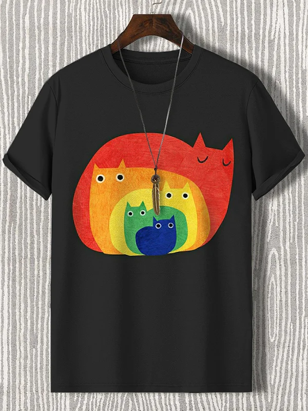 Men's Rainbow Cat Art Print Casual Short Sleeve T-Shirt