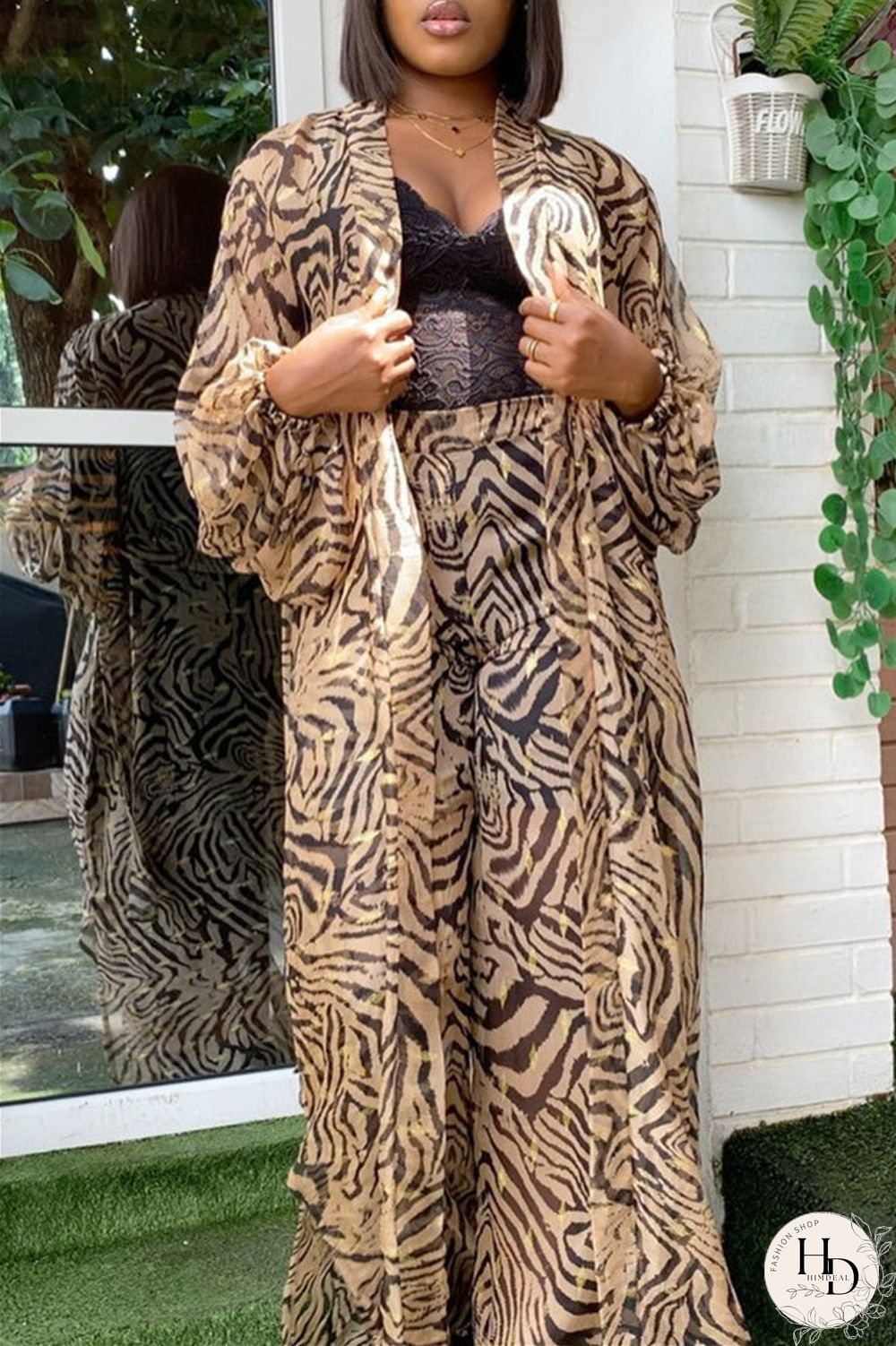 Blue Fashion Casual Print Slit V Neck Long Sleeve Two Pieces