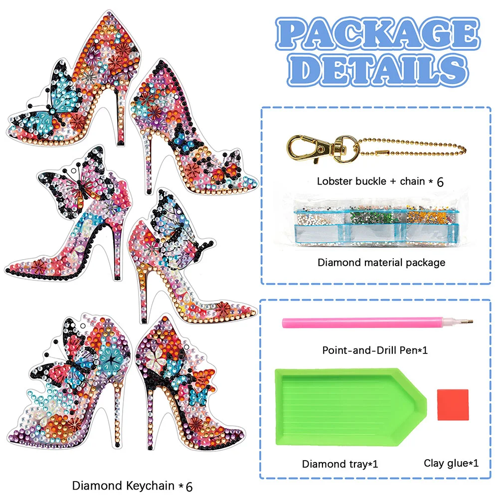 6pcs DIY Butterfly High Heels Full Drill Diamonds Pendants Double Sided Gift for Kids