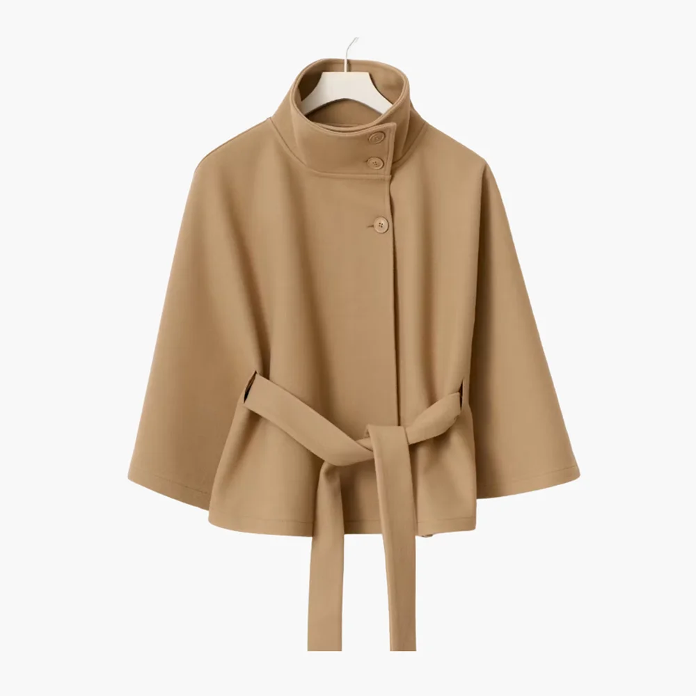 2025 Autumn and Winter New Stand Collar Button Belt Windbreaker Jacket
