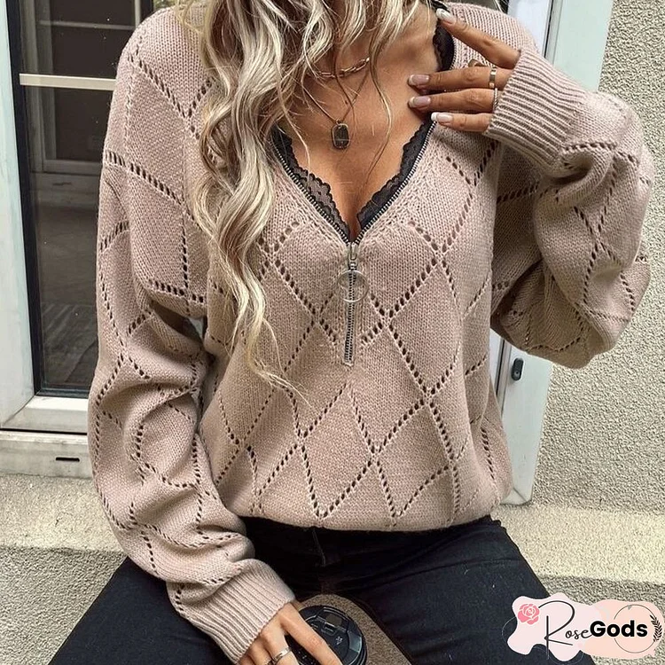 Solid Lace V-Neck Casual Sweaters