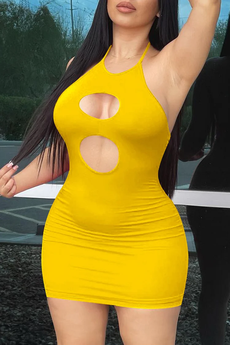 Yellow Sexy Solid Hollowed Out Halter One Step Skirt Dresses