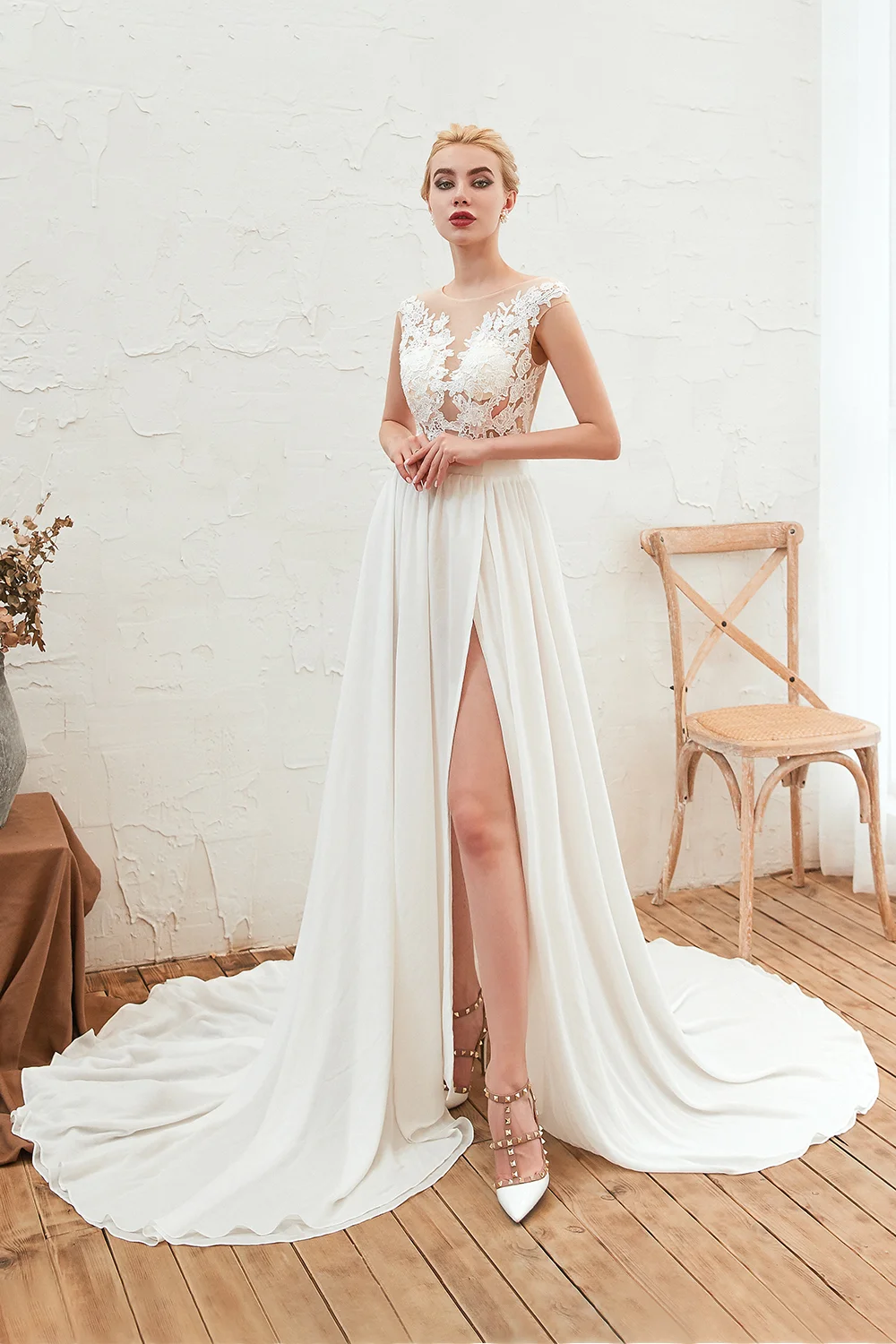 Bateau Wedding Dress Appliques Lace A-line Chiffon With Ruffles Slit